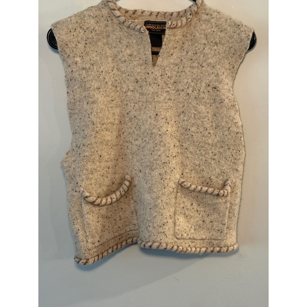 Woolrich Vintage 100% Wool Donegal Tweed Sweater Vest Cream Whipstitch Womens L